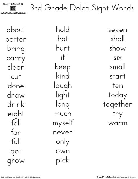 Third Grade Dolch Word List