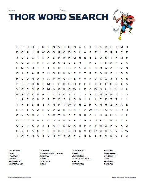 Description of Thor Word Search Printable