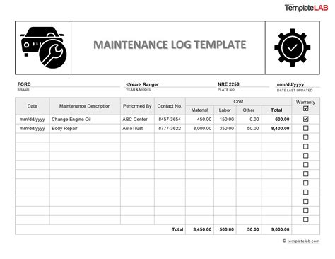 Vehicle Maintenance Log Printable Sample