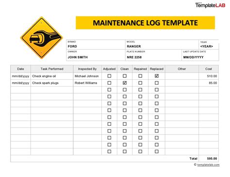 Vehicle Maintenance Log Template Printable Example