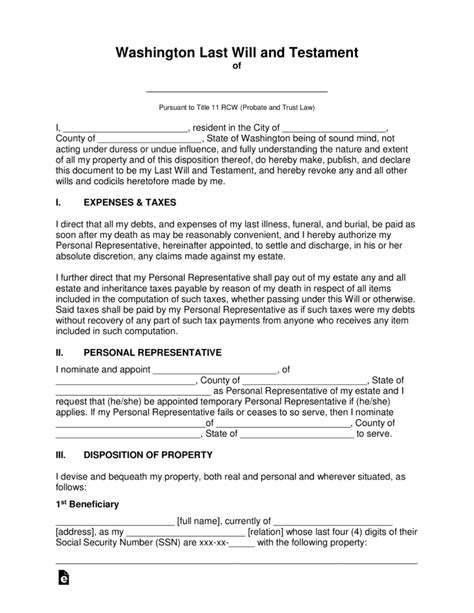 Washington Last Will And Testament Template