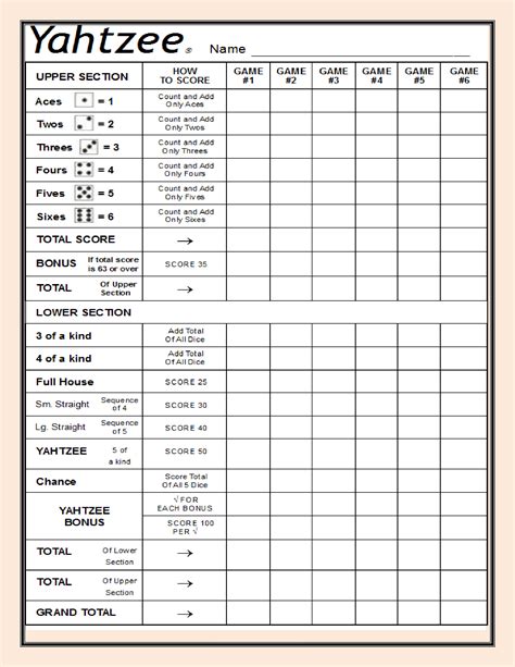 Yahtzee Score Card Templates