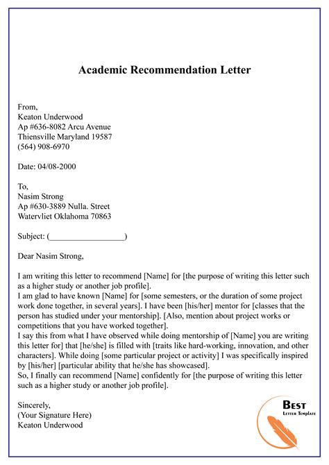 Academic Reference Letter Templates