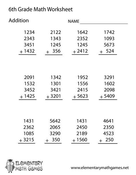 Addition Worksheets for Sixth Grade