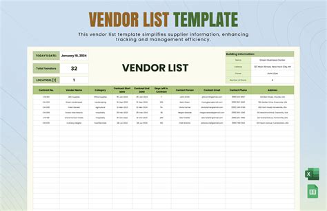 Advanced Vendor List Template