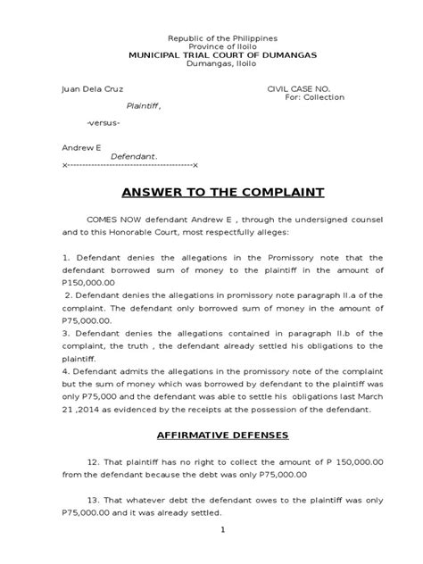 Answer to Complaint for Divorce Document