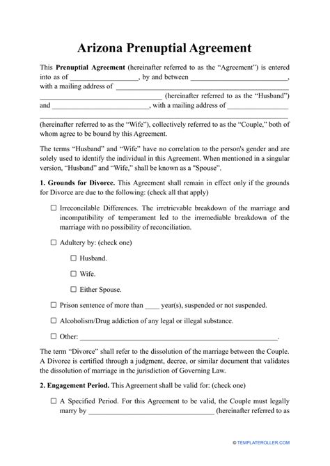 Arizona Prenuptial Agreement Template 1