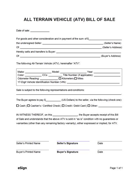 ATV Bill of Sale Printable Form Example