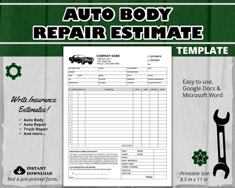 Auto Body Repair Estimate Template Layout