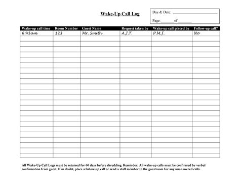 Basic Call Log Template