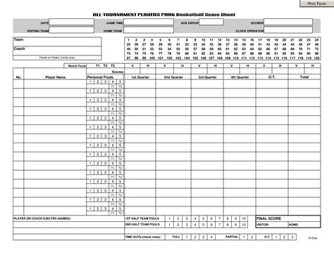 Layout for basketball score sheet