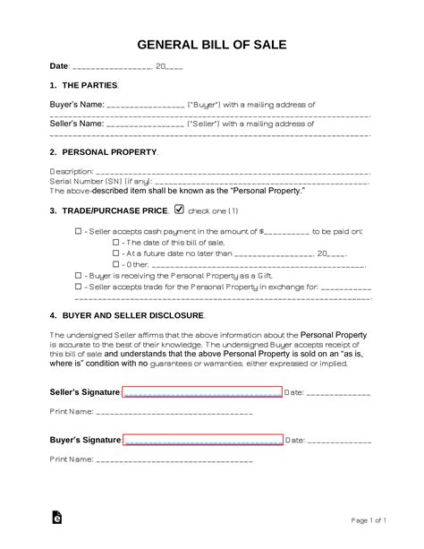 Bill of Sale Template for Personal Property