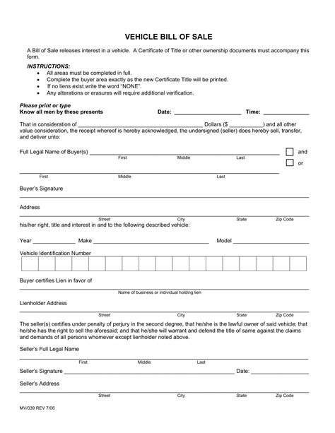 Bill of Sale Template for Selling a Vehicle