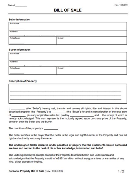 Bill of Sale Template for Transferring Ownership