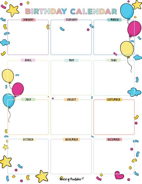 Birthday Calendar Template 2