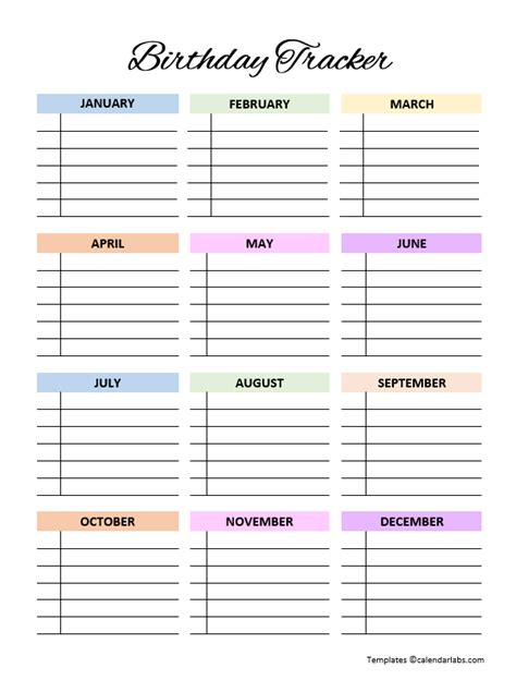 Birthday Calendar Template 3