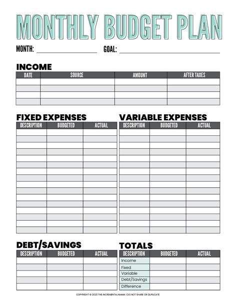 Budgeting printables example