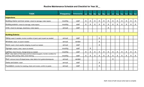 Format of Building Maintenance Schedule