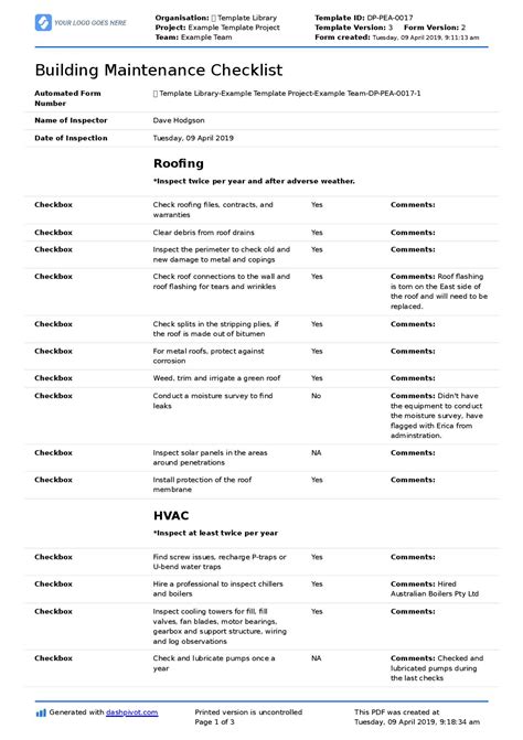 Example of Building Maintenance Schedule Template