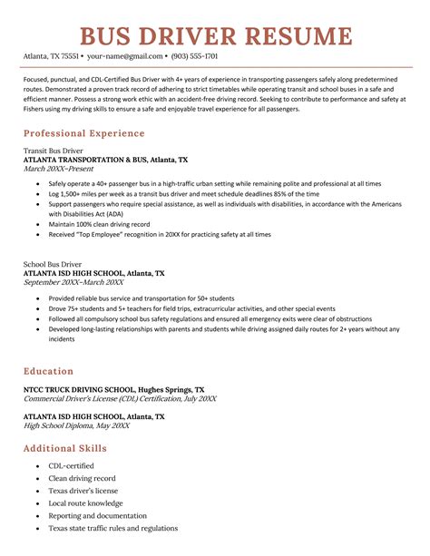 Bus Driver Resume Template Example