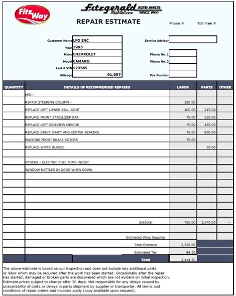 Car repair estimate document