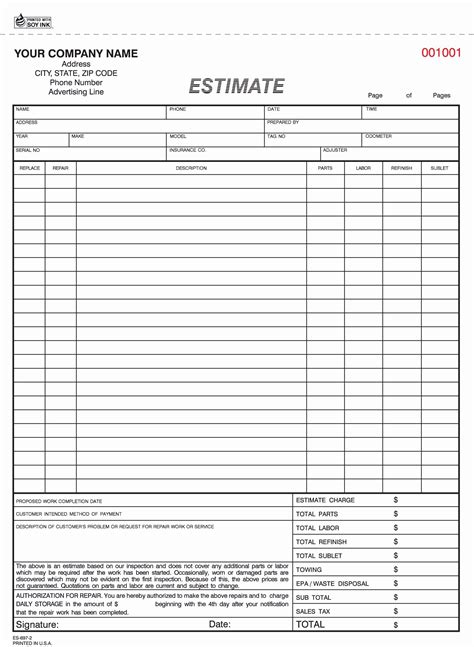 Car repair estimate form