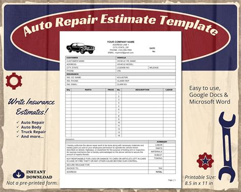 Car repair estimate paper