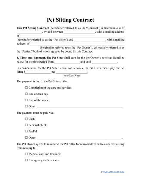 Cat sitting contract template