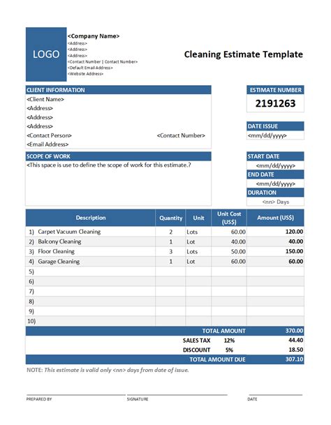 Cleaning Estimate Example