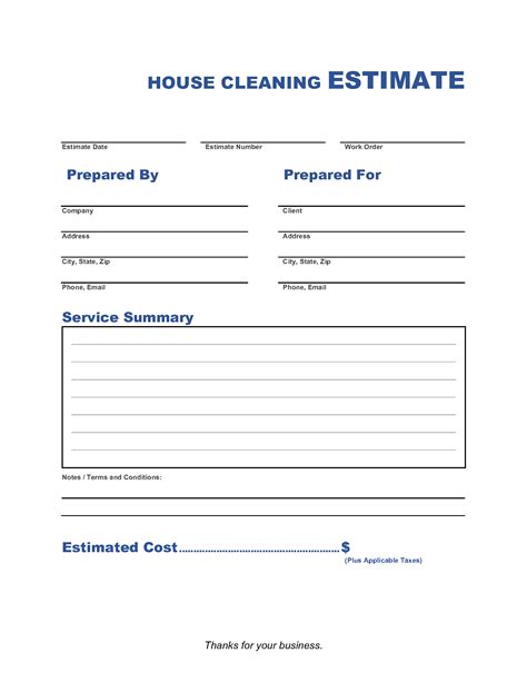 Cleaning Estimate Form Template