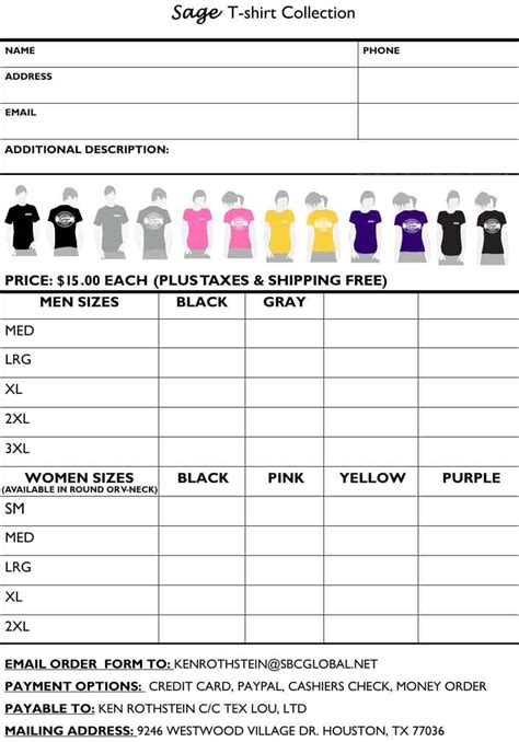 Clothing Order Form for Events