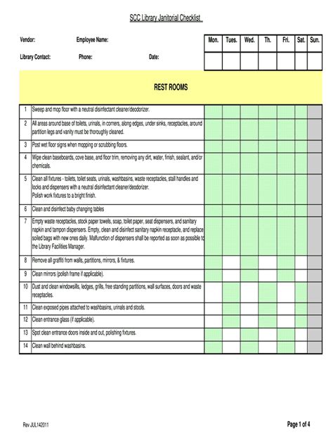 Commercial Janitorial Checklist Template Sample