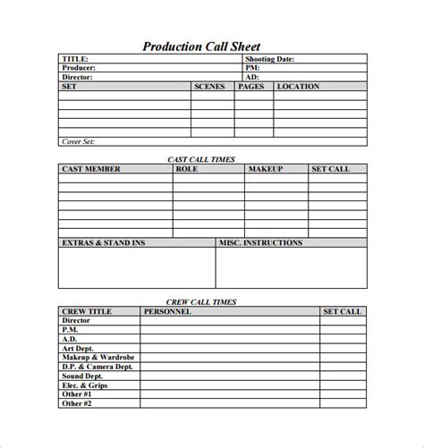 Commercial Production Call Sheet Templates