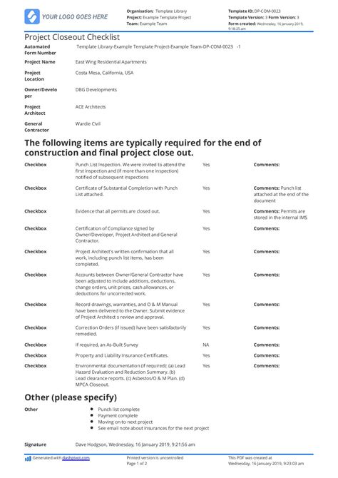 Construction Project Closeout Checklist