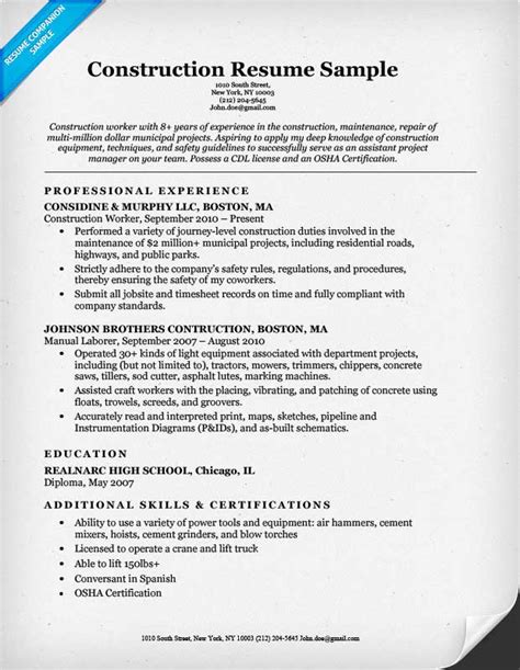 Construction Resume Template Examples