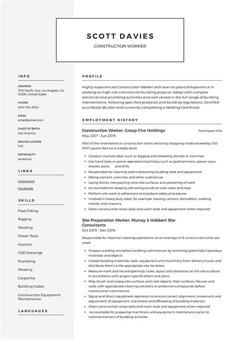 Construction Resume Template Word