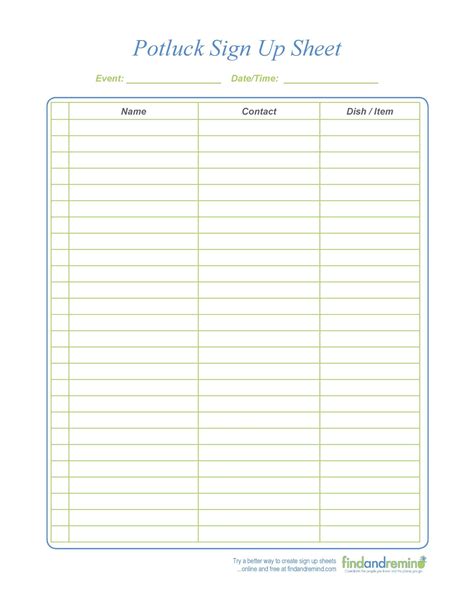 Create potluck sign up sheet template Word