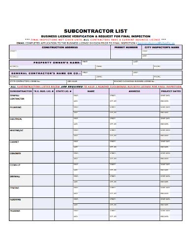 Creating a subcontractor list template