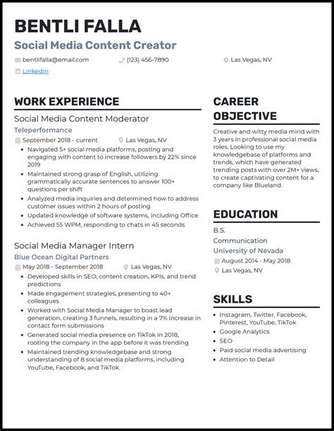 Creator Resume Example