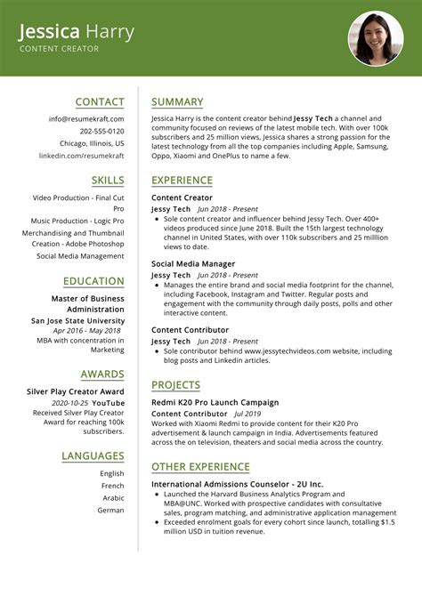 Creator Resume Example