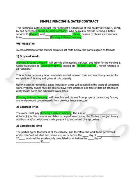 Custom Fencing Contract Template