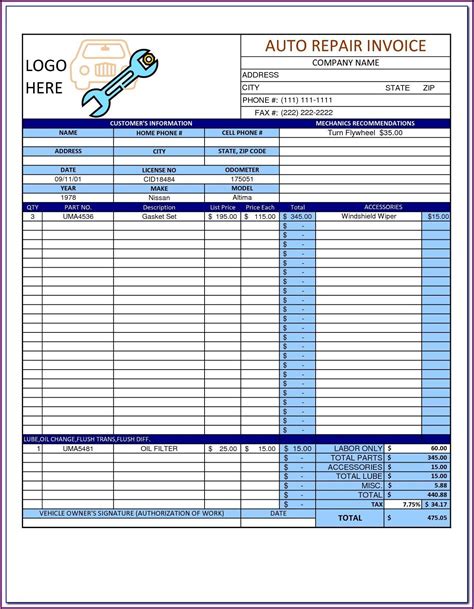 Customizable body shop estimate form