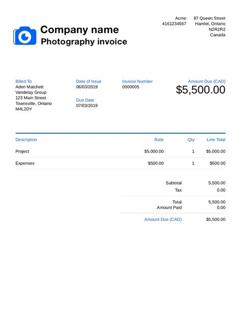 Customizable Photography Invoice Template