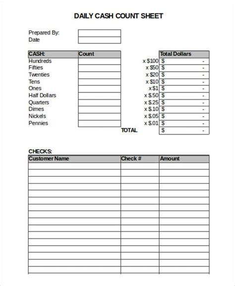 Daily Cash Count Sheet Excel Template for Retail Stores