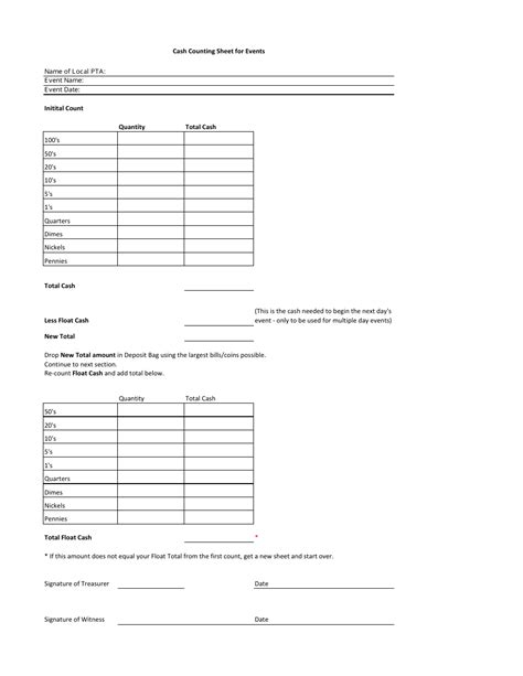 Daily Cash Count Sheet Template