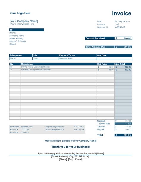 Deposit Invoice Template Example