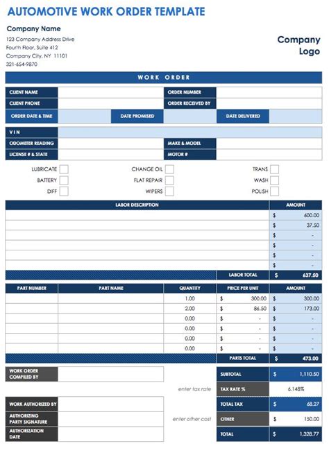 Detailed Automotive Work Order Template