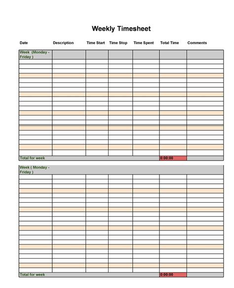 Detailed Weekly Timesheet Template