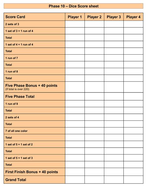 Dice Game Score Sheet