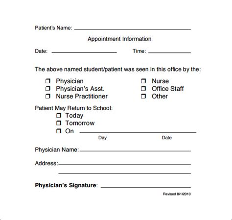 Doctor's note for school template